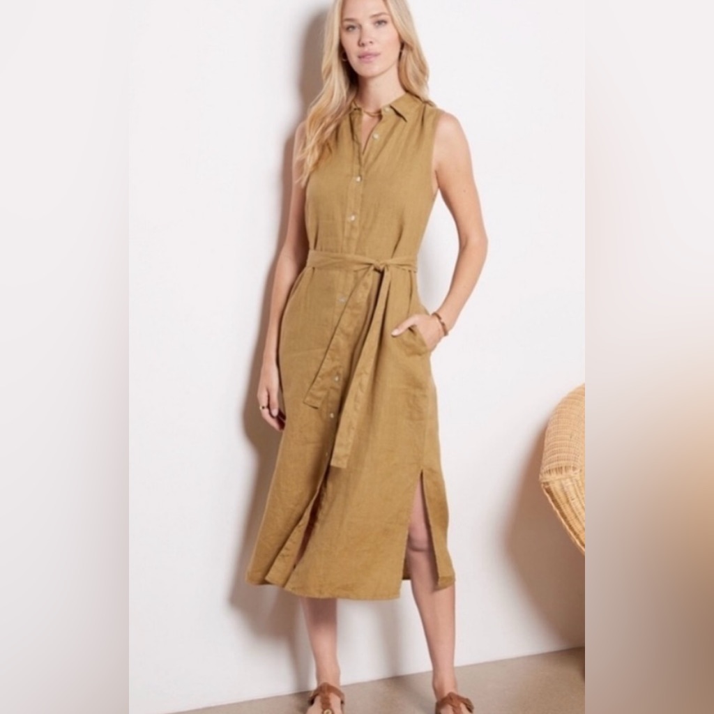 Faherty Laguna Sleeveless Button Down Belted Linen Shirtdress Sz S Dul-Dull Gold